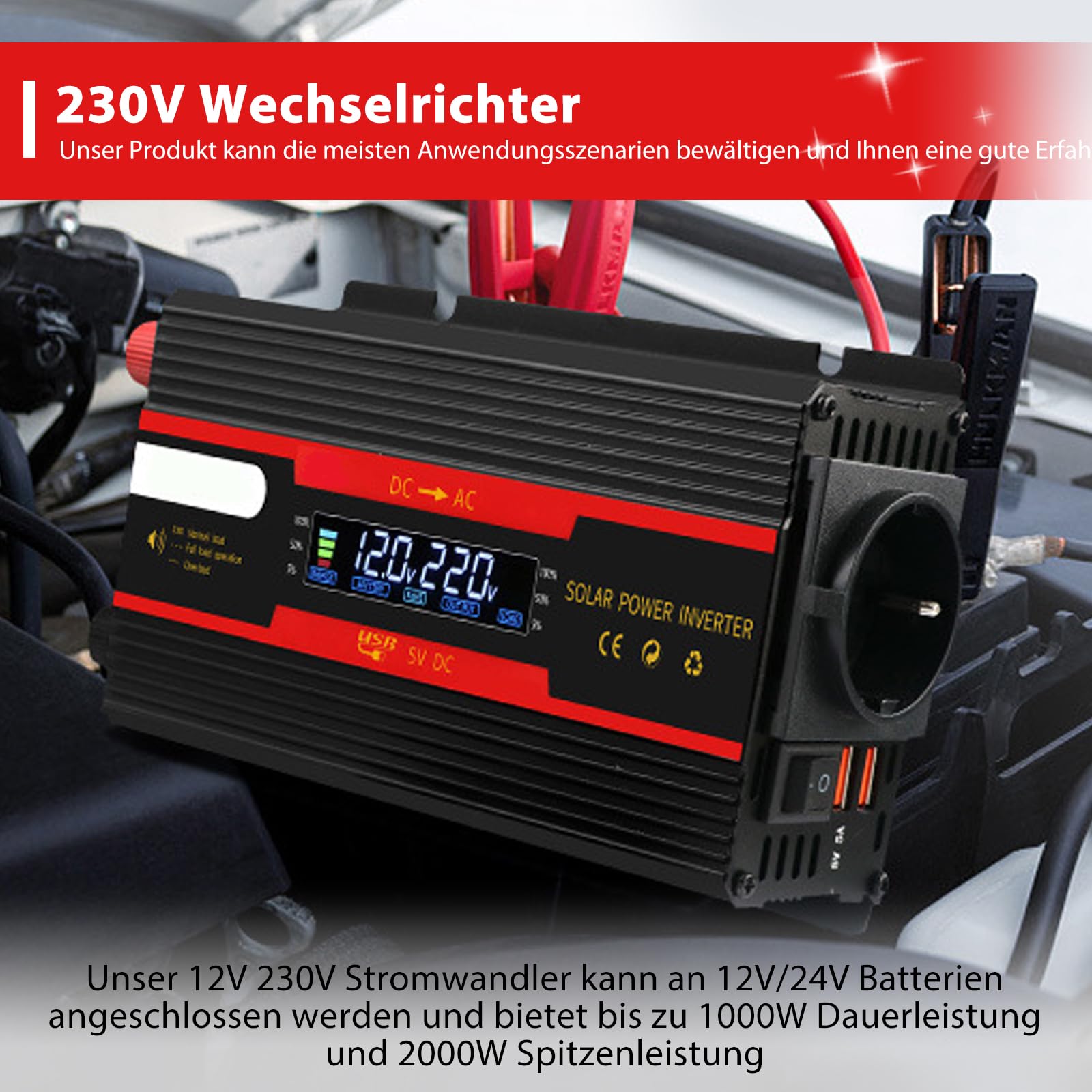 Inversor de voltaje CC 12 V/24 V a CA 230 V, inversor de onda sinusoidal modificada, 2000 W con enchufes europeos, 2 USB y pantalla LCD, adaptador de corriente para coche, camión, caravana, camping