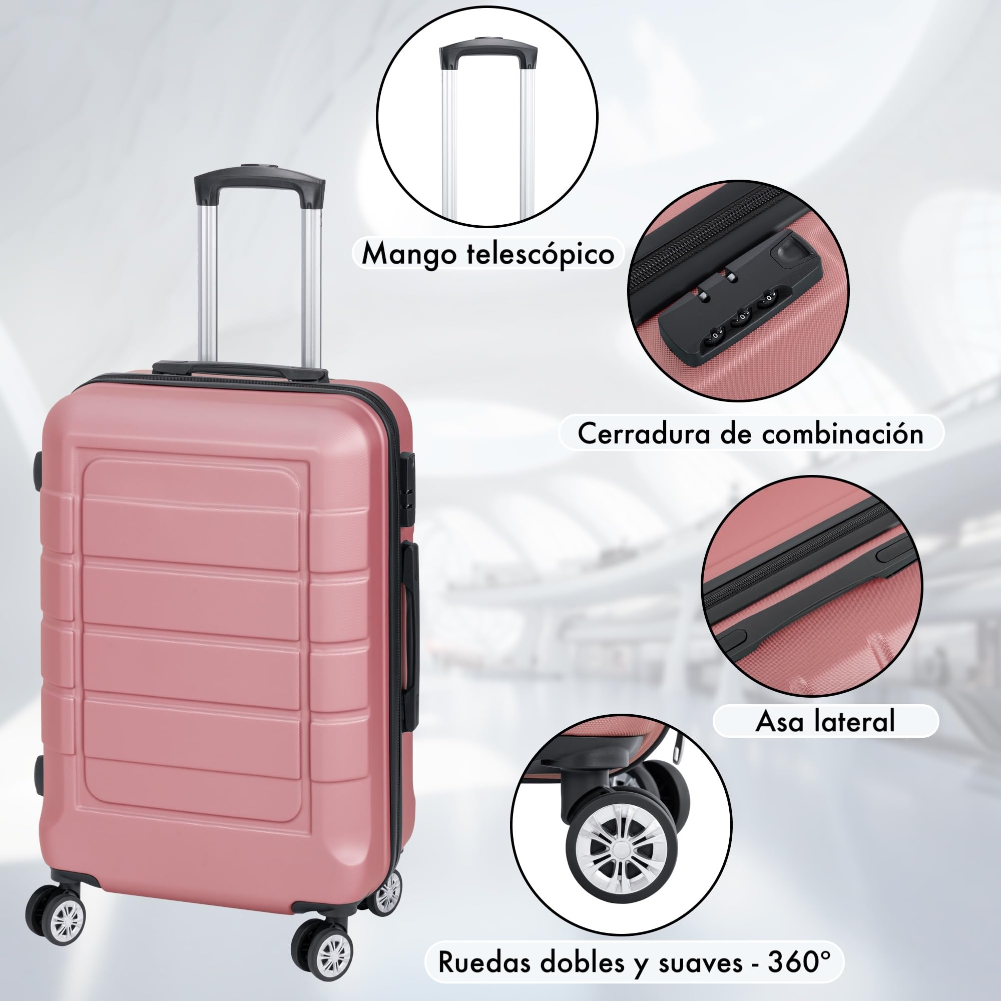 Juego o Set de 3 Maletas de Viaje - 4 ruedas dobles giratorias - Neceser - Maleta de cabina - equipaje de mano - Cerradura TSA - Ligeras - ABS - Resistentes - Asa telescópica