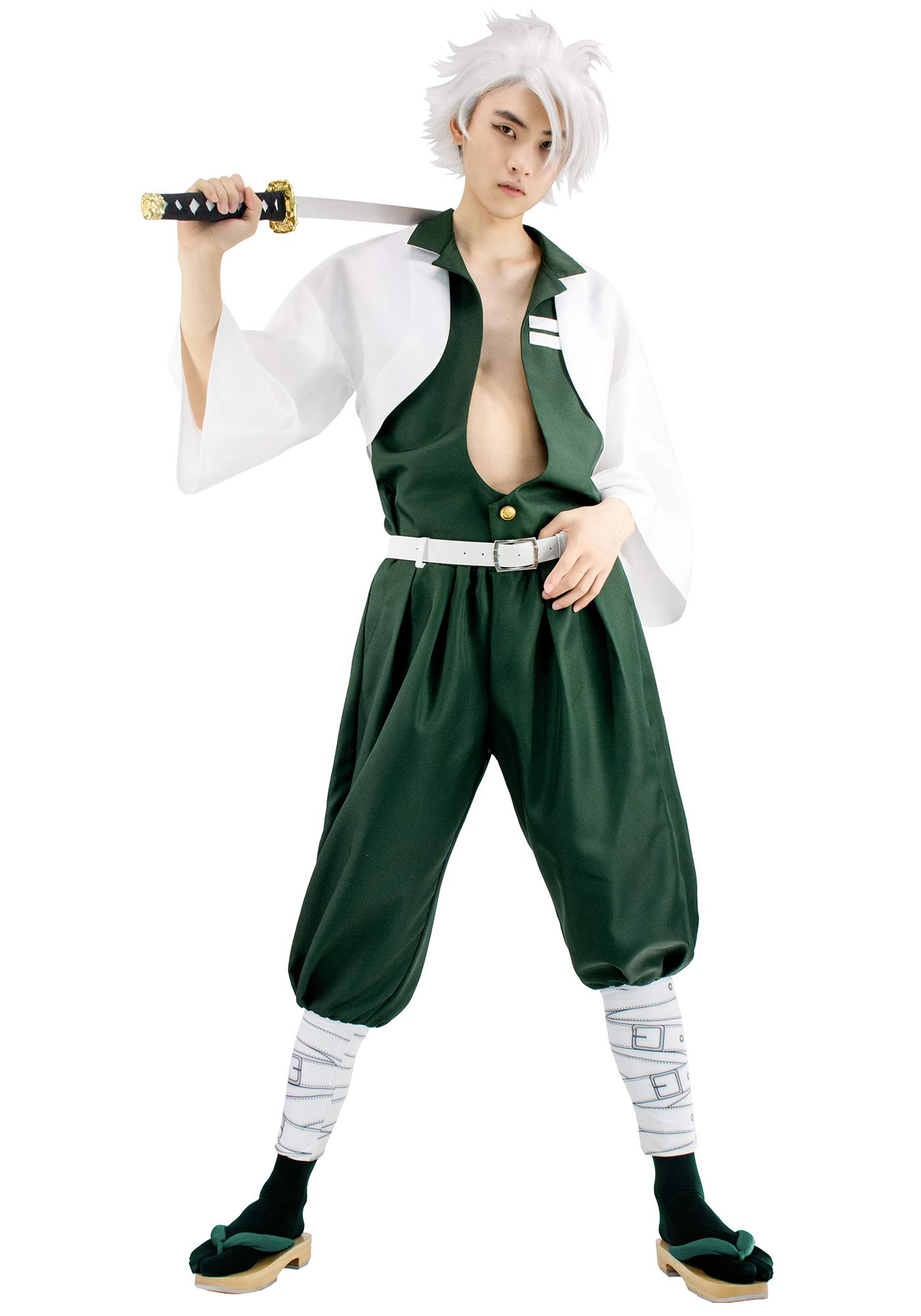 C-ZOFEK Men's Anime Sanemi Cosplay Costume Green Suit with White Coat and Belt