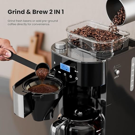 Electactic 10-Cup Drip Coffee Maker Machine with Built In Grinder | Programmable Grind and Brew Coffee Machine with Smart LED Touchscreen, Customizable Strength & Grind Size, Upgrade Black