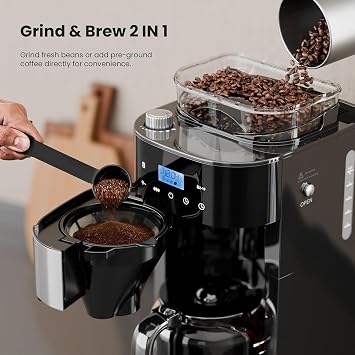 Electactic 10-Cup Drip Coffee Maker Machine with Built In Grinder | Programmable Grind and Brew Coffee Machine with Smart LED Touchscreen, Customizable Strength & Grind Size, Upgrade Black