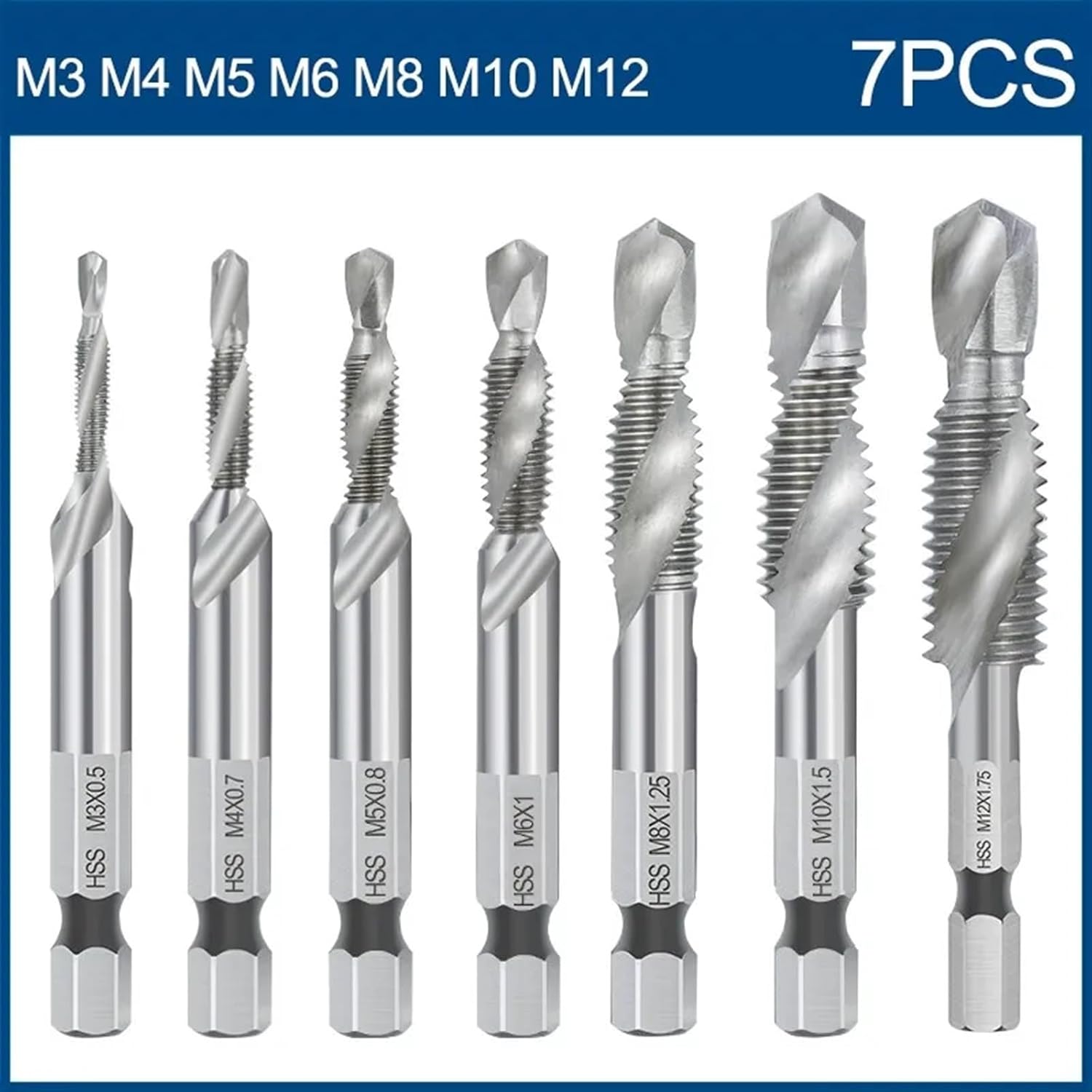 Combined Tap and Drill Set HSS Hex Shank Metric Tap Machine Tap Thread Tap Drill Hand Tools M3 M4 M5 M6 M8 10 M12(7pcs Silver)
