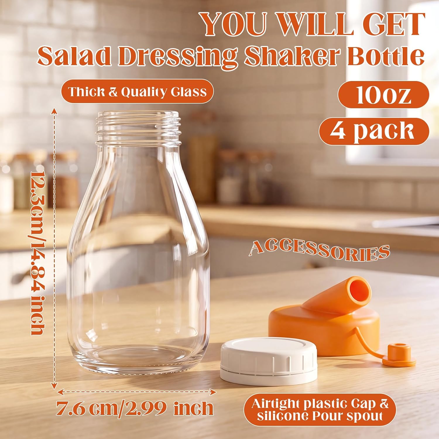 4 Pcs 10 oz Salad Dressing Shaker Glass Dispenser with Silicone Pour Spout and Tamper-proof Lid Refillable Salad Dressing Dispenser Mixer Shaker for Sauces Ketchup Sour Cream Syrup