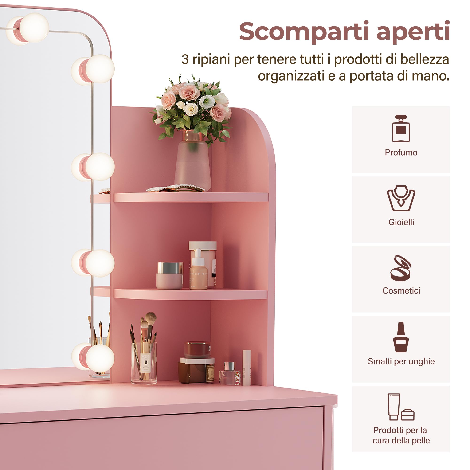 SONNI, Specchio Trucco con Luci, Toletta con Cassetti con Lampadine LED a 3 Colori 70x40x140cm, Rosa Toeletta Trucco Bambina