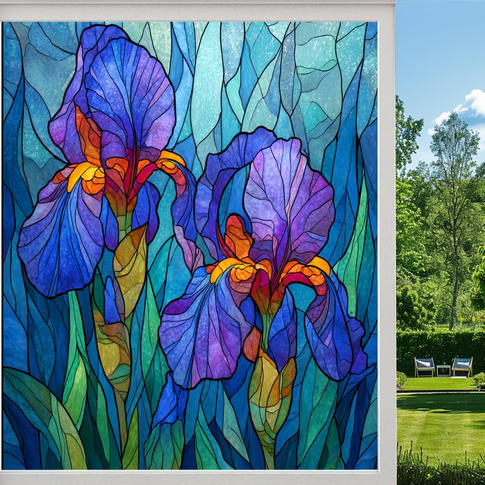 Dreamy Iris Flower Stained Glass Window Film, Watercolor Natural Plants Peel and Stick Privacy Film, Frosted Adhesive Vinyl Decorative for Bathroom Windows Glass Doors,（90x140cm）