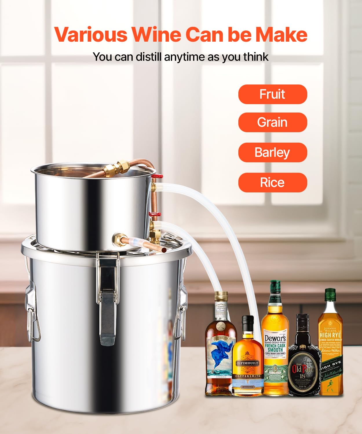 VEVOR Distillatore di Alcool da 11,4 L Distillatore di Alcool Acqua in Acciaio Inox con Bobina di Rame, Kit di Fermentazione per Raffinazione Birra Fatta in Casa con Termometro, per Vino, Argento