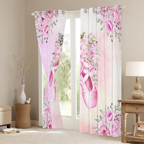 Miniatura 3 de Cortinas de ballet para niños, cortinas de ballet para niñas, adultos, flores de rosa, cielo estrellado, rosa, romántico, con ojales, juego de 2