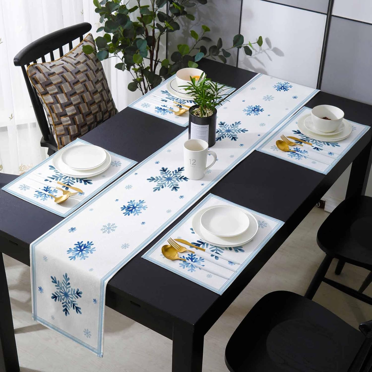 Navy Blue Snowflake Table Runner and Placemats for Dining Tables,Burlap Coffee Table Runner 72 Inch Long Christmas Winter Vintage White Stripes Tables Mats for Kitchen Party Placemats Set of 2