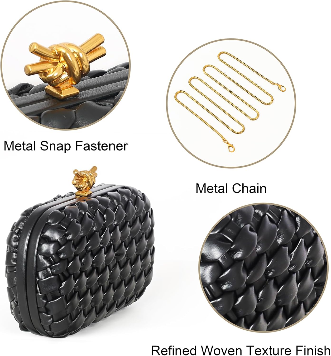 Handwoven Clutch Evening Bag for Women – Structured PU Leather Purse with Chain Strap for Wedding, Party & Date Night - Image 4