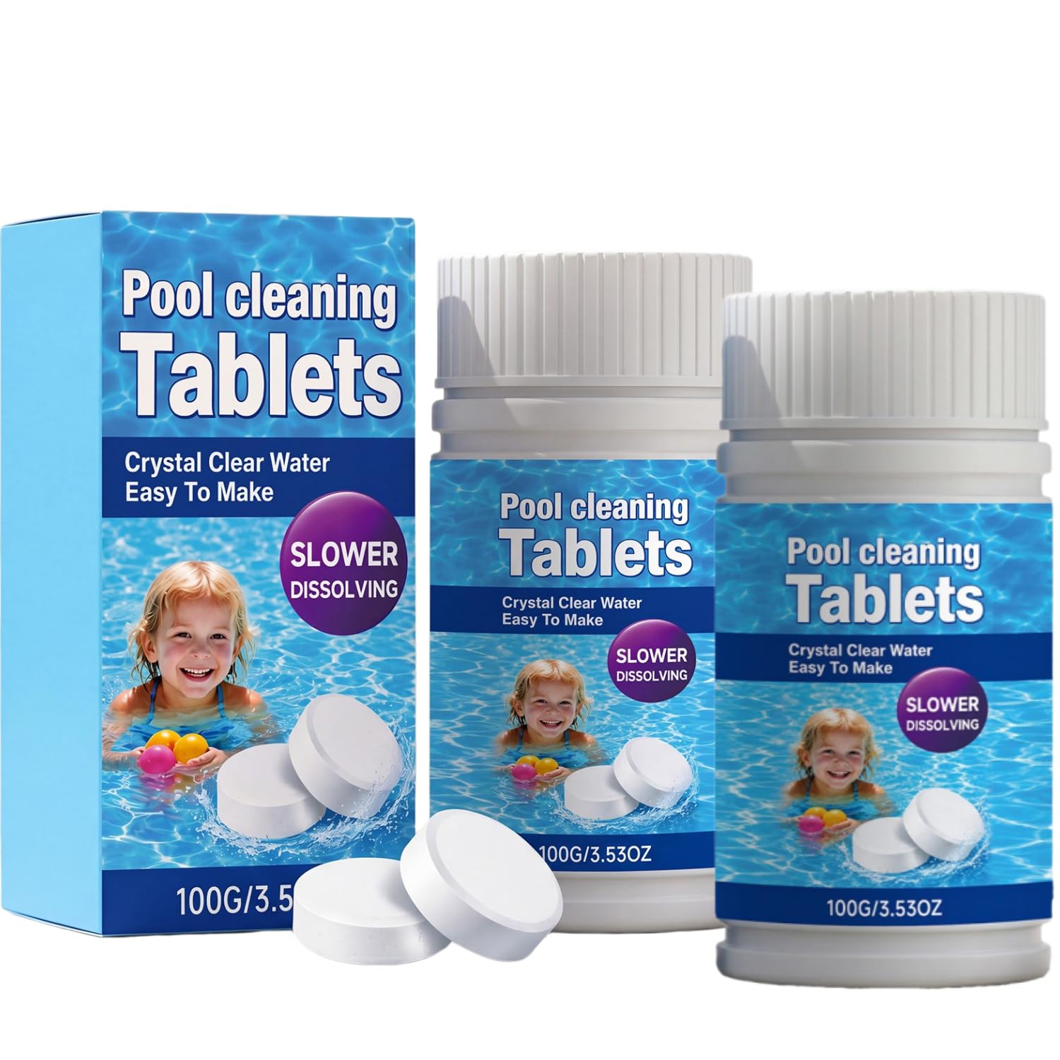 100G Multifunctional Chlorine Tablets for Swimming Pools,Ice Baths, Hot Tubs & Spas,Slow Dissolving Cleaning Tablets,Inflatable Spas & Pool Maintenance,Clear Water Formula (2PCs)