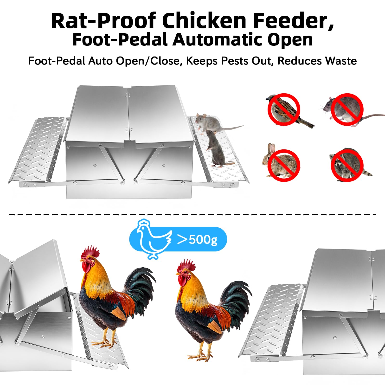Comedero Gallinas Anti Ratas Antipajaros, Comedero Automático Gallinas de 12KG, Doble Cara con Pedal, Acero Inoxidable, para Pollos, Patos y Gansos, para Exterior/Gallineros/Granjas/Patios