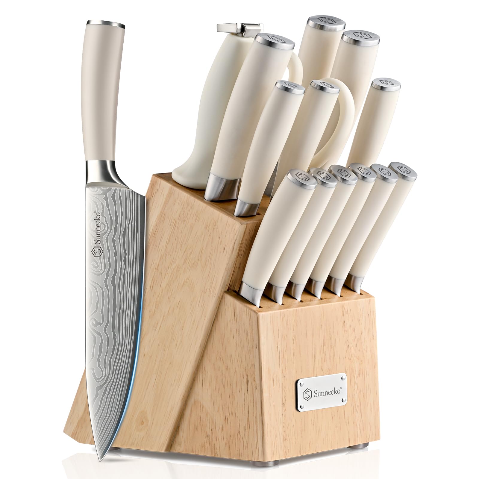 Sunnecko Knife Set with Block and Sharpener, 15 Piece Kitchen Knife Block Set Sharp Kitchen Knives High Carbon Stainless Steel with White Handles