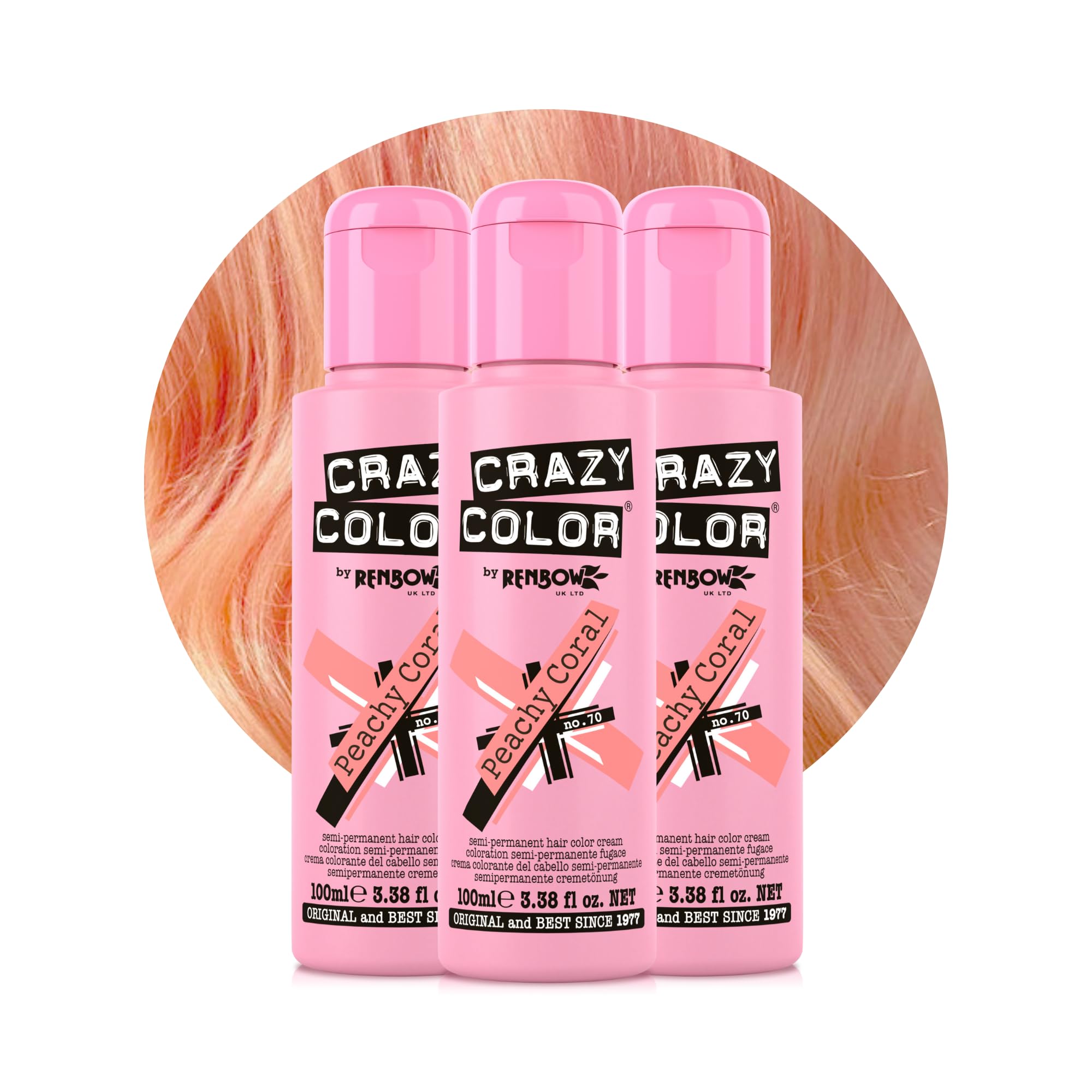 Crazy Color Vibrant Peachy Coral Semi-Permanent Trio Hair Dye. Highly Pigmented Pinky Peach Conditioning & Oil Nourishing Vegan Formula | No Bleach or Ammonia | 300ml