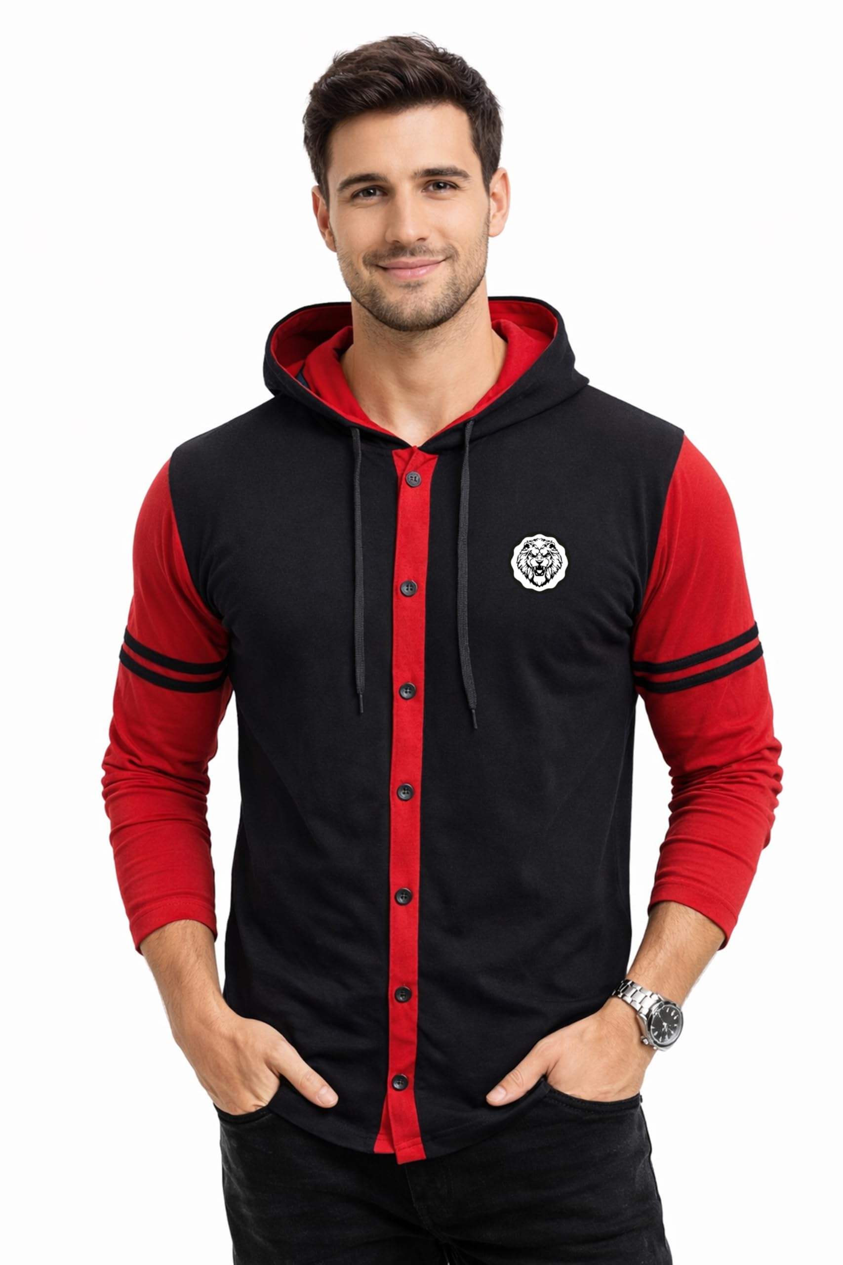 blisstone Men's Hooded Full Sleeve T-Shirt with Button Closure and Contrast Striped Sleeves | Trendy Cotton Blend Casual Hoodie-picture-17