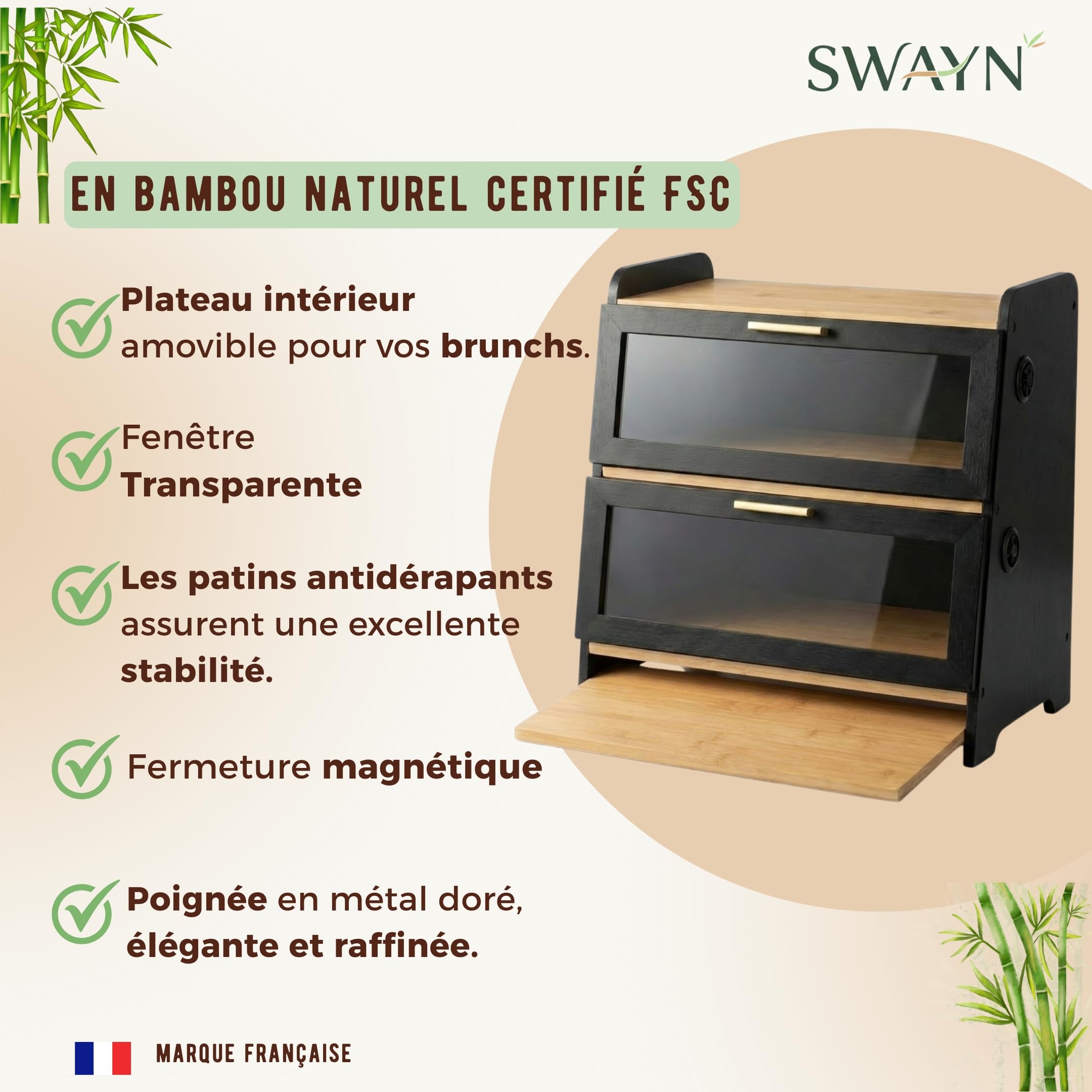SWAYN Boîte à pain en Bambou Certifié FSC — Huche à Pain 2 étages, Ventilation Ajustable pour Prolonger la Fraîcheur, Planche Intégrée, Rangement Optimisé pour Conservation Pain (noir)