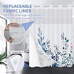 REZAYMRS Floral 3 in 1 Shower Curtain No Hooks Design, 71x74 inch Waterproof & Washable, Polyester Shower Curtains with Snap in Fabric Liner, Sheer Top Window, Double Layer Bathtubs Hotel Curtain Set