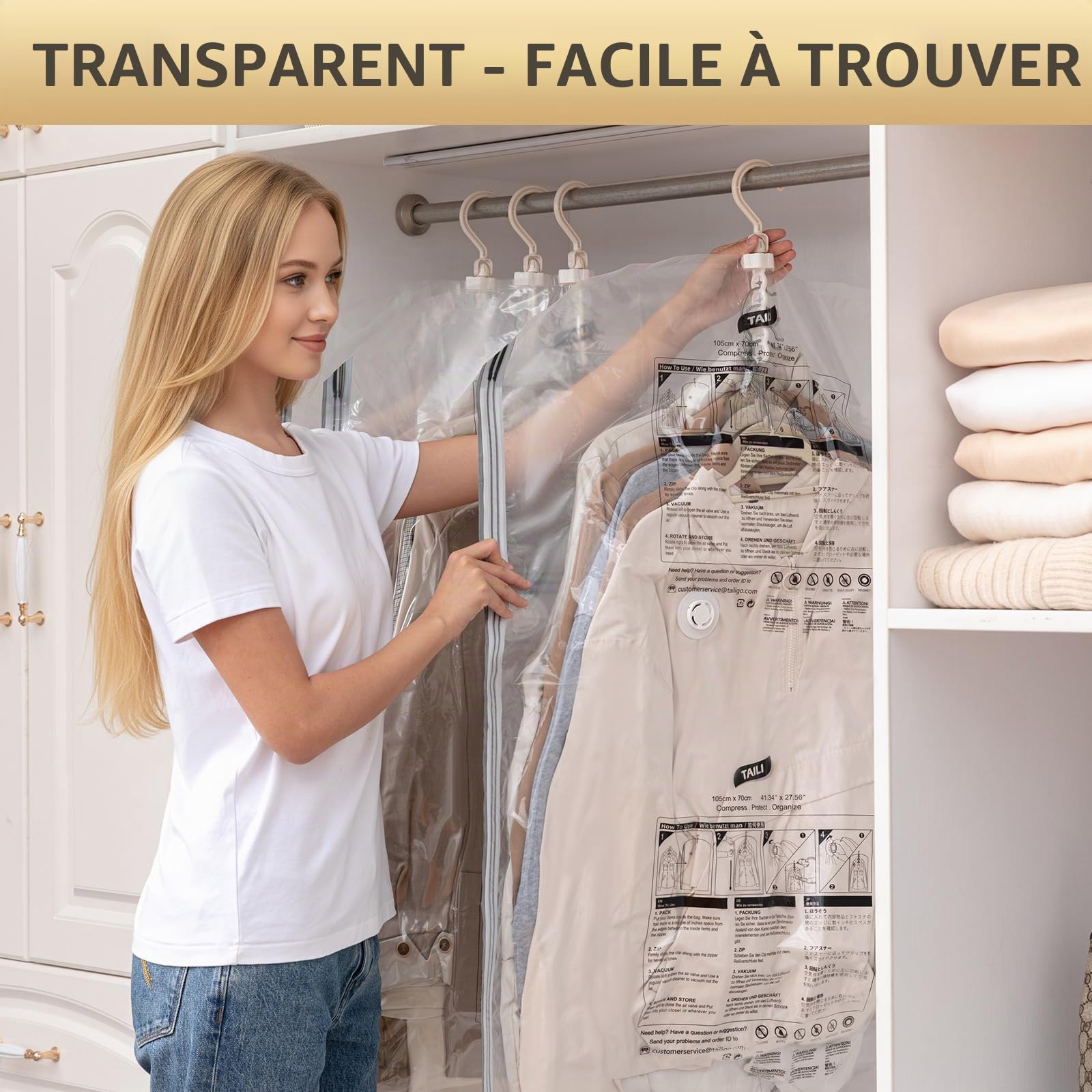 TAILI Sacs de Rangement sous Vide Suspendus pour vêtements, 6 paquets (105x70cm), Housse sous Vide pour costumes, manteaux, vestes, organisateur de placard Sacs à Suspendre
