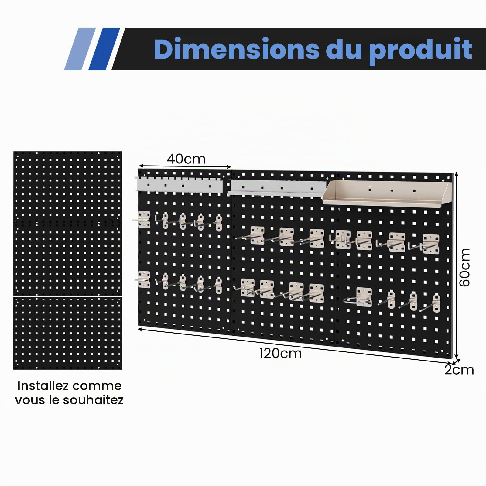 SOARS Porte Outils Mural 120 X 60 CM, 3 Panneaux Perforé (Noir)