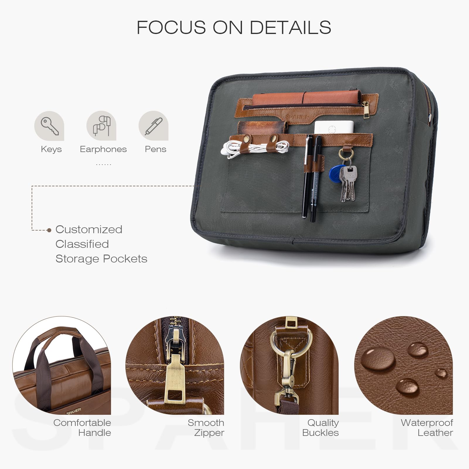 SPAHER Cartable Homme Cuir Malette Sacoche Ordinateur Homme 14/15,6 Pouces Sacoche Travail Business Besace Sac Porte Document Sacs à Main Bandoulière Messenger Bag pour Affaire Voyage
