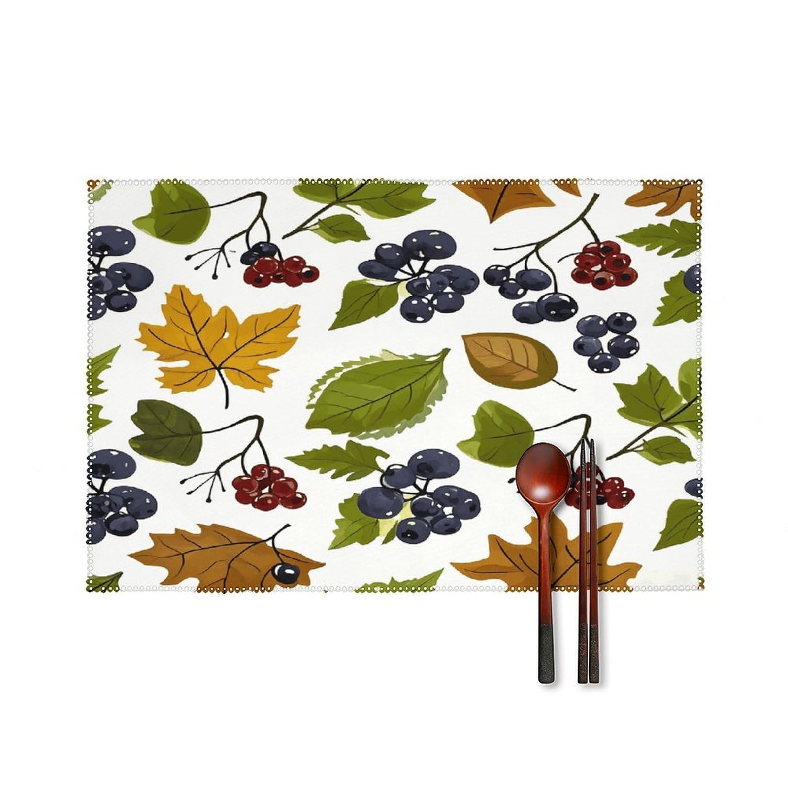 Leaves and Berries Placemats Set of 4 Heat Resistant Non-Slip Place Mats for Dining Table Washable Placemat Wipeable Dining Table Mat Canvas Place Mats Dining Table Decor
