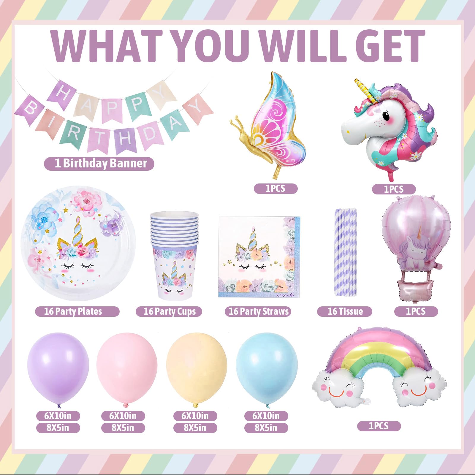 Naczynia urodzinowe z jednorożcem, zestaw talerzy papierowych na urodziny dziecka, jednorożec, naczynia imprezowe z balonami, dekoracja urodzinowa z jednorożcem, na imprezę, obrus dla dzieci