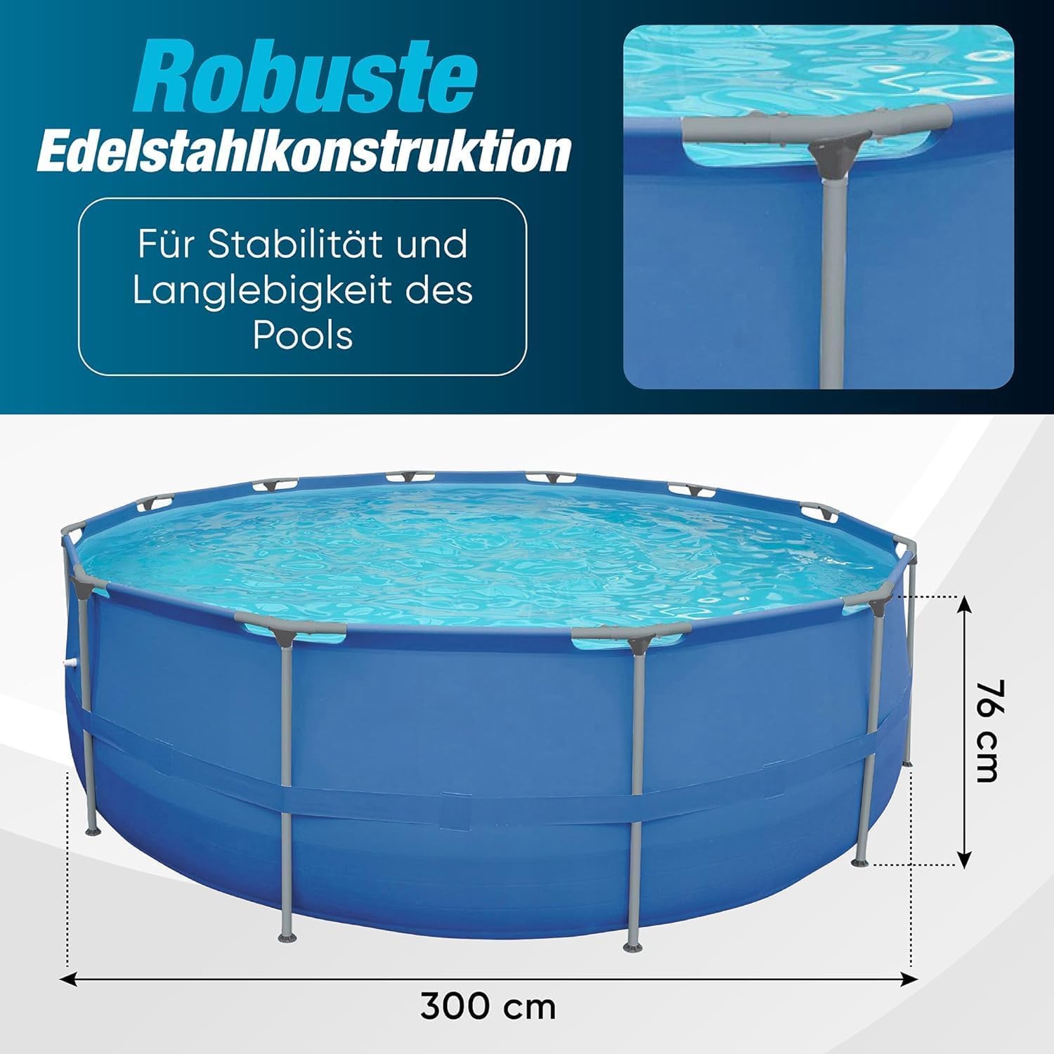 Piscina da giardino rotonda con struttura in acciaio, 300 x 76 cm, kit completo con pompa filtrante e coperchio dispenser di sostanze chimiche, piscina fuori terra per patio o giardino