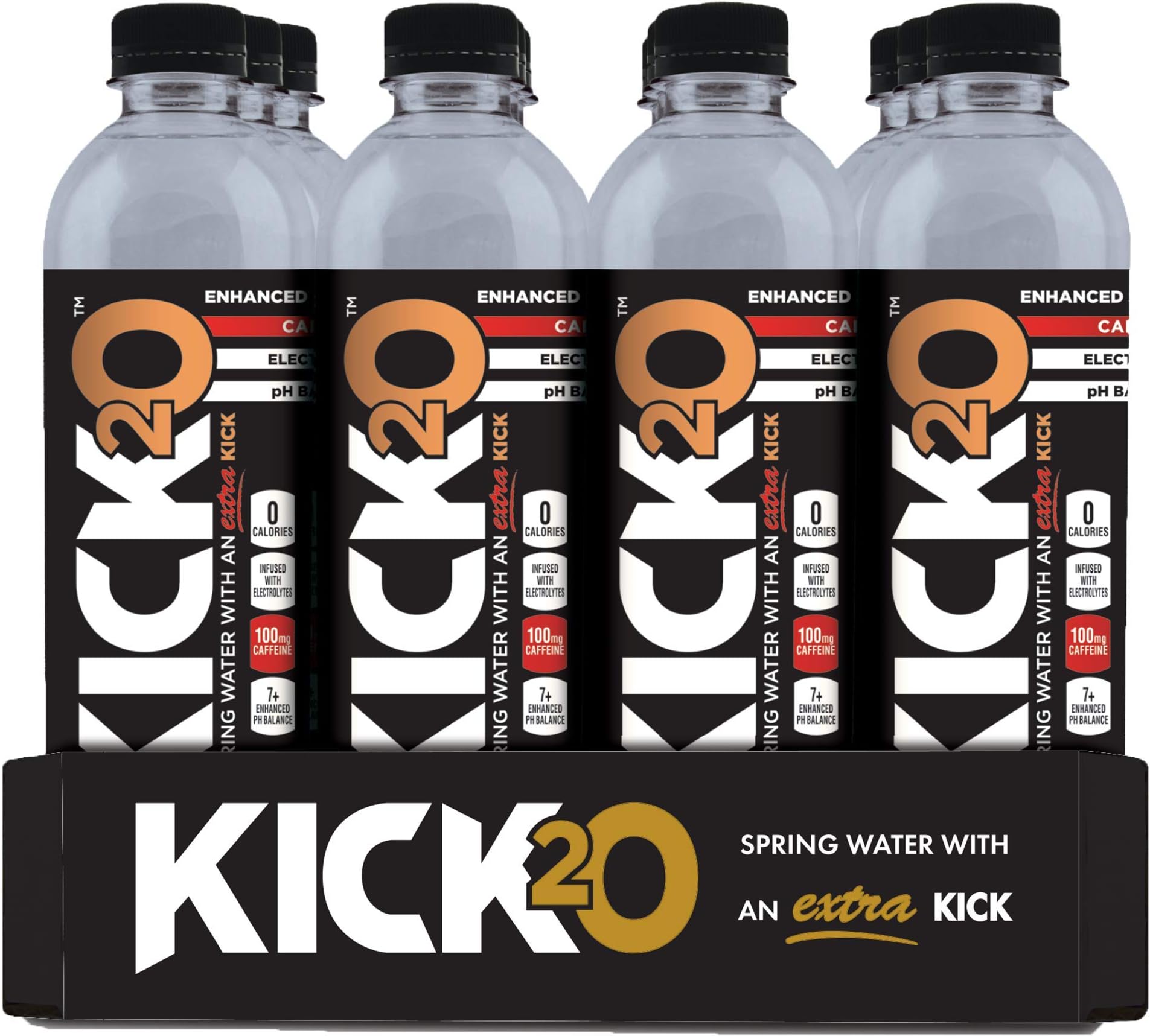 Kick2O Caffeine and Electrolyte Infused Pure Spring Water, 100 Milligrams Caffeine, 16.9 Ounce Bottles | Sugar Free Zero Calorie Energy Drink | Electrolyte Replacement | Workout Recovery (12-Pack)