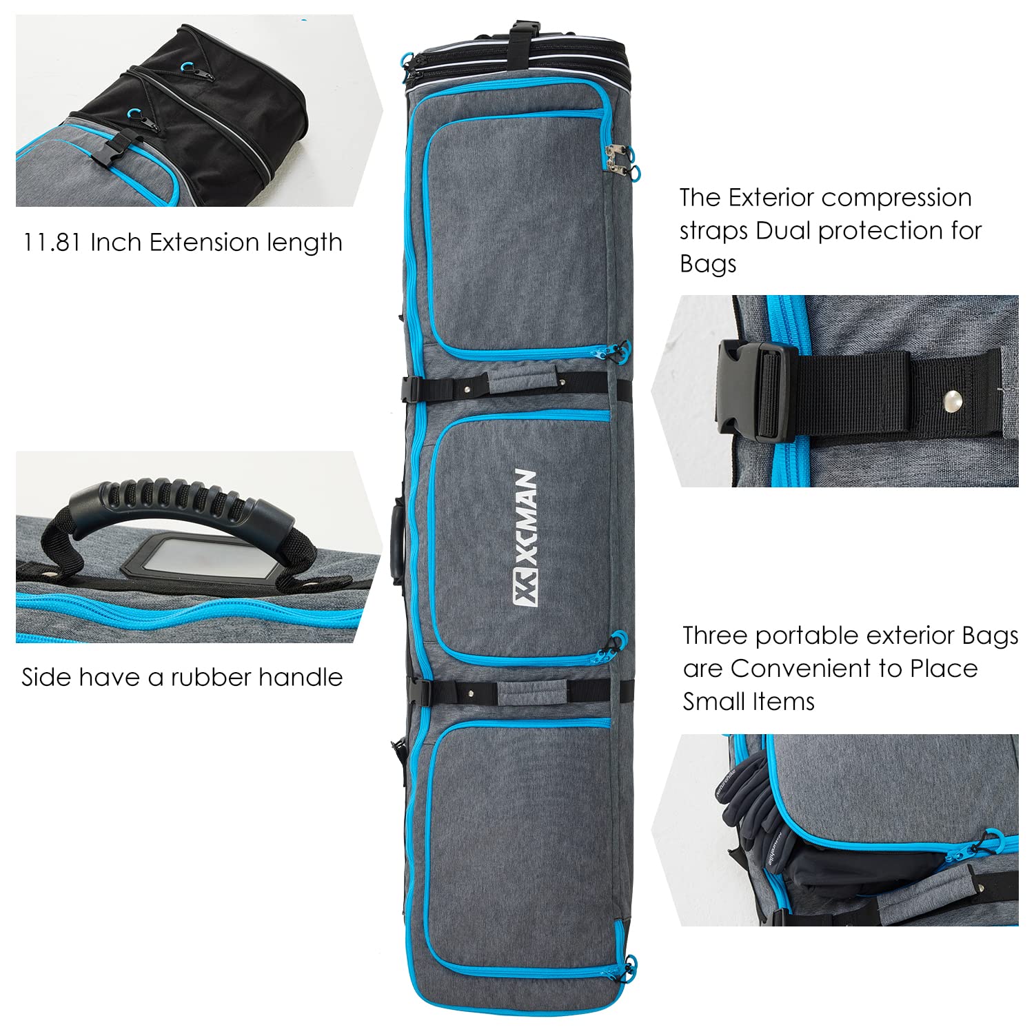 XCMAN Bolsa de Snowboard Acolchada con Ruedas Ajustable 63-75 Pulgadas 100L