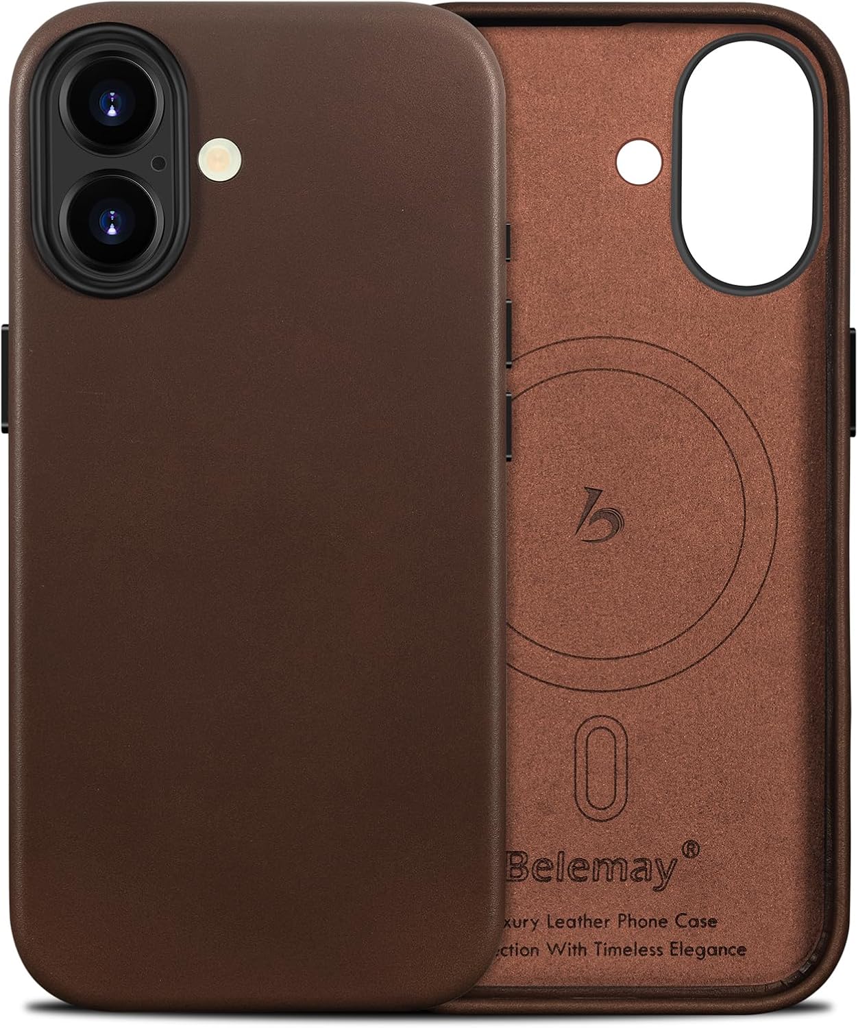 Belemay Handcrafted Full-Grain Vegetable-Tanned Leather Case for iPhone 17, Compatible with MagSafe, Classy Two-Tone Effect, Natural Patina, Camera Control Button, Metal Buttons (6.3") Bourbon Brown