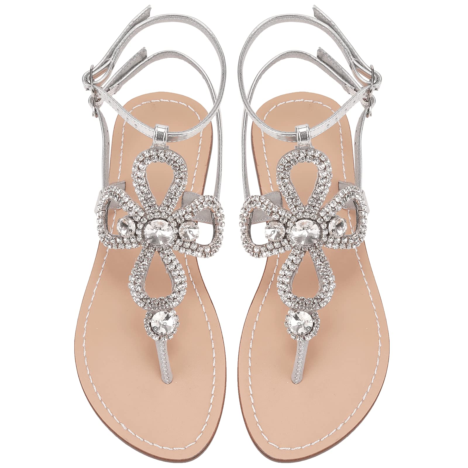 MiLanolce Women Rhinestone Flat Sandals Ankle Strap Summer Gold Silver Gladiator Shiny Gem Sandals Dressy Bridal Beach Bohemian Rhinestone Sandals For
