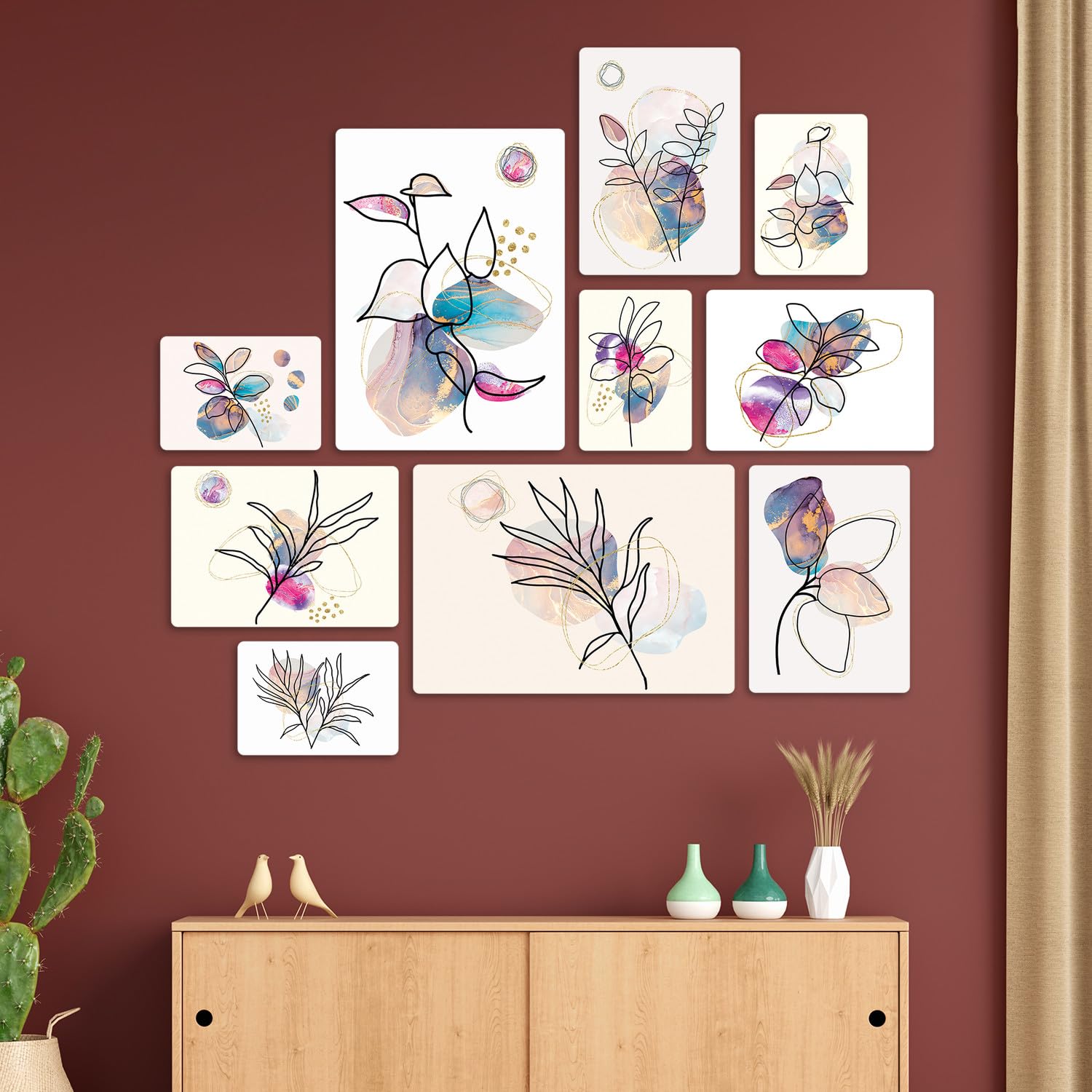 Giallobus - Set di 10 dipinti multipezzi - Fiori 2 - Legno MDF - 10 quadrati | 2 x 42 x 29,7 cm | 4 x 29,7 x 21 cm | 4 x 21 x 14,85 cm - Pronti da appendere