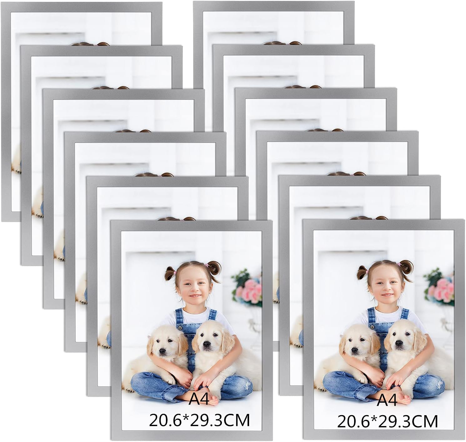 A4 Picture Frames Set of 12, Silver Magnetic Photo Frame with Self Adhesive Backing for Window, Tile Wall, Fridge, and Door - Perfect for Ads, Notices, Licenses, Prints, and Certificates