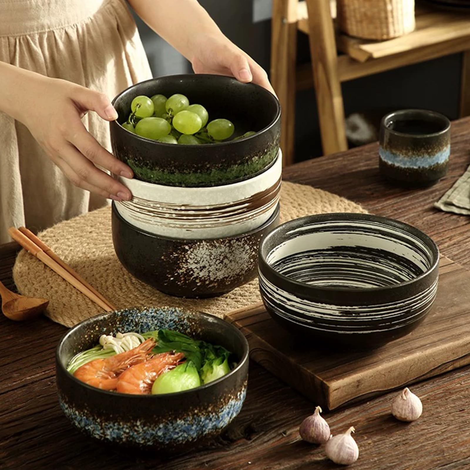 Japanese Ceramic Ramen Bowl Set With Spoon and Chopsticks - Porcelain Soup Bowl