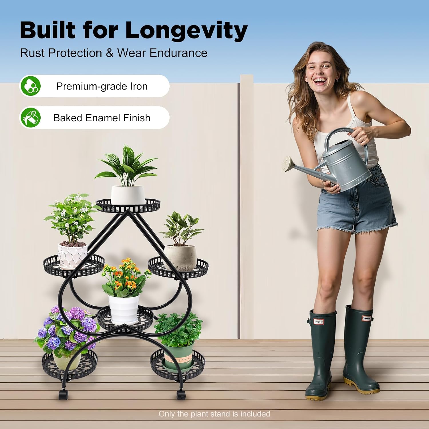 4 Tier Plant Stand, 6 Trays Heart Flower Pot Stand Metal Heart Shaped Plant Shelf with 4 Universal Wheels Indoor Tall Planter Display Shelf for Indoor Outdoor Patio Garden Living Room