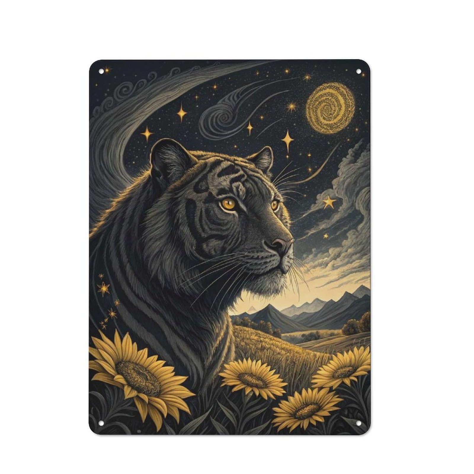 Farmhouse Metal Sign with Tiger in A Starry Sunflower Field Design 40x30cm, Rustic Country Wall Plaque for Cottage, Kitchen, Hallway Or Breakfast Nook