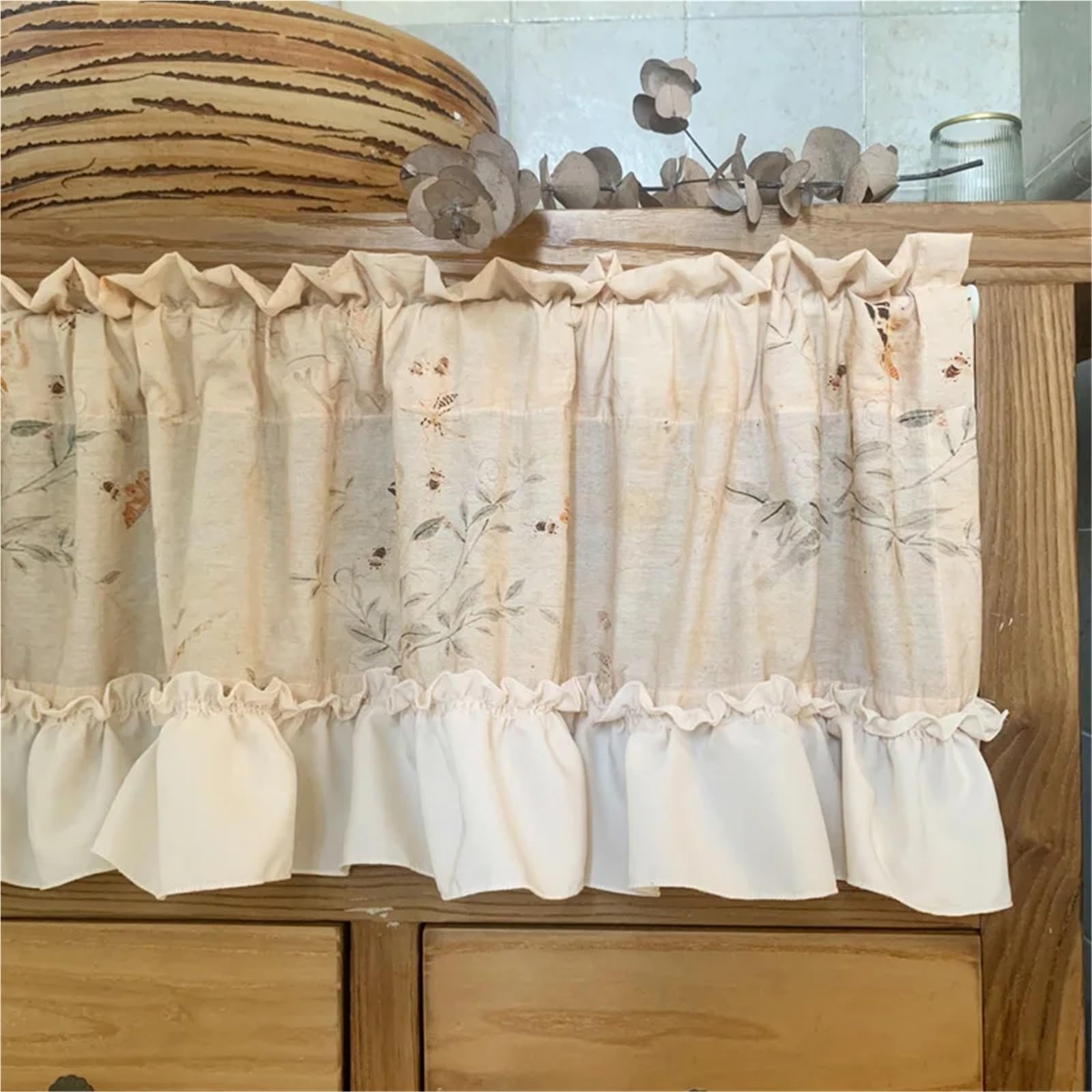Tende Per Finestre Piccole Tenda a balza con stampa floreale arricciata, stile shabby chic, for finestre piccole, rustico, for cucina, camera da letto(HOOK+LOOP,1Pc W140xH90cm)