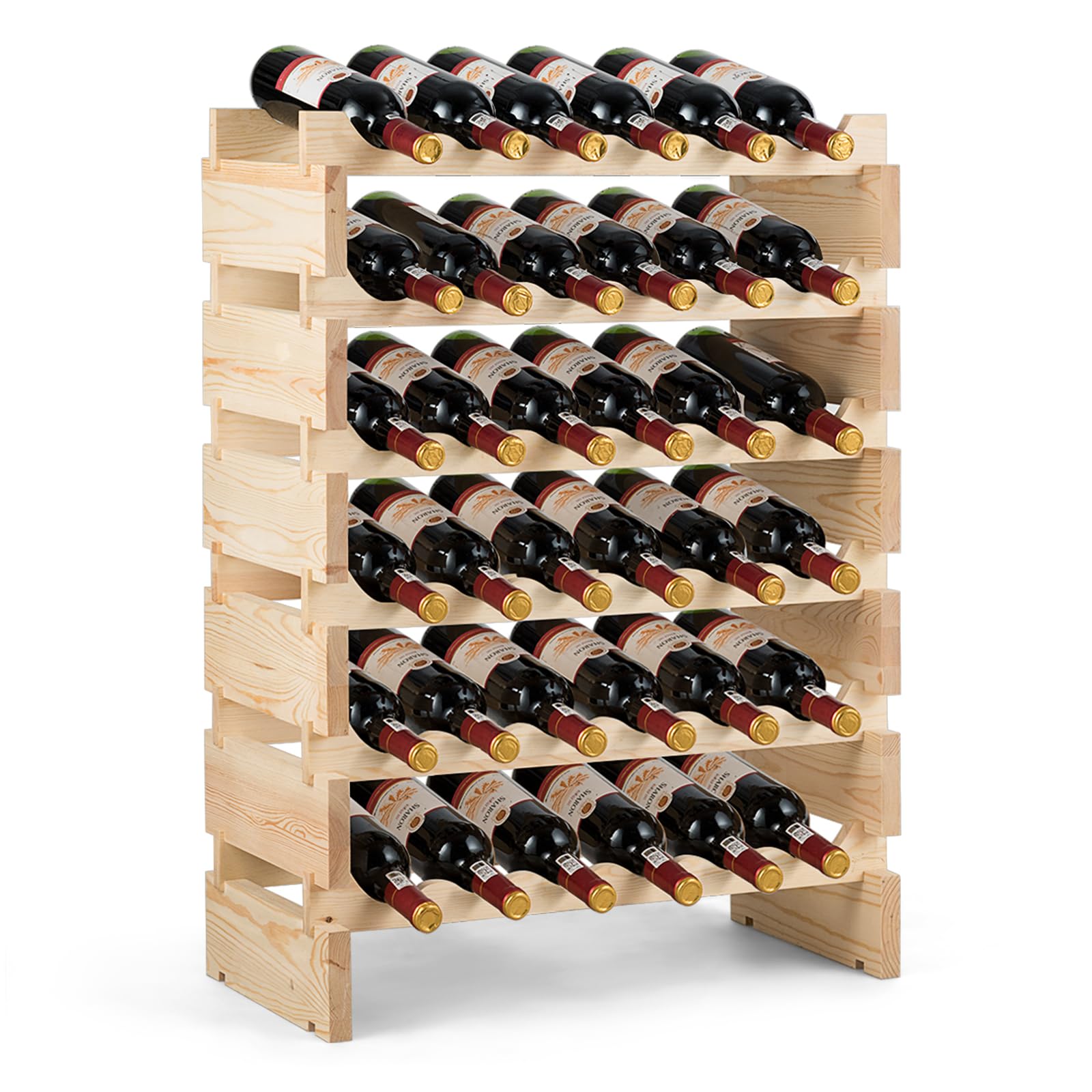 GOPLUS Botellero de Vino de Pino para 36 Botellas, Botellero Vertical con 6 Niveles Apilable, Diseño Inclinado, Estantería Compacta para Cocina, Bar, Bodega y Hogar, Gran Espacio, 63x28x85 cm, Natural