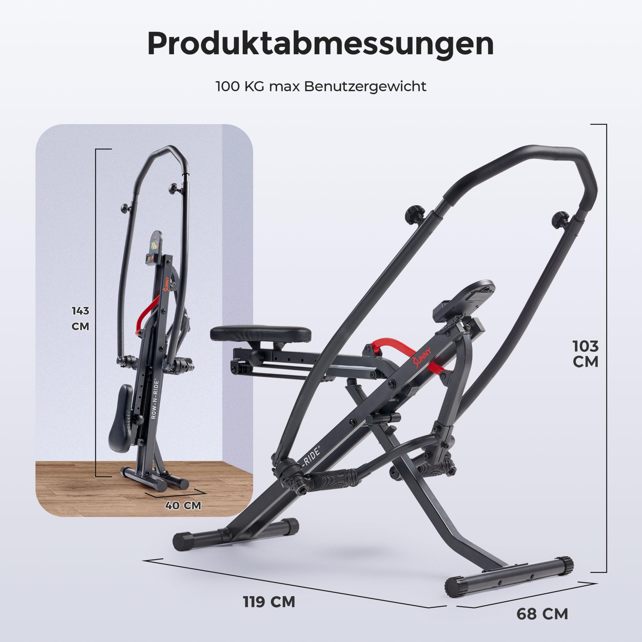Sunny Health & Fitness Row-N-Ride Kniebeugentrainer fürs Heimtraining | 3 Kniebeugentiefen, Bis zu 135 kg Belastbarkeit, Verstellbarer Sitz/Griff, Bis zu 5 Widerstandsstufen, Ganzkörpertraining