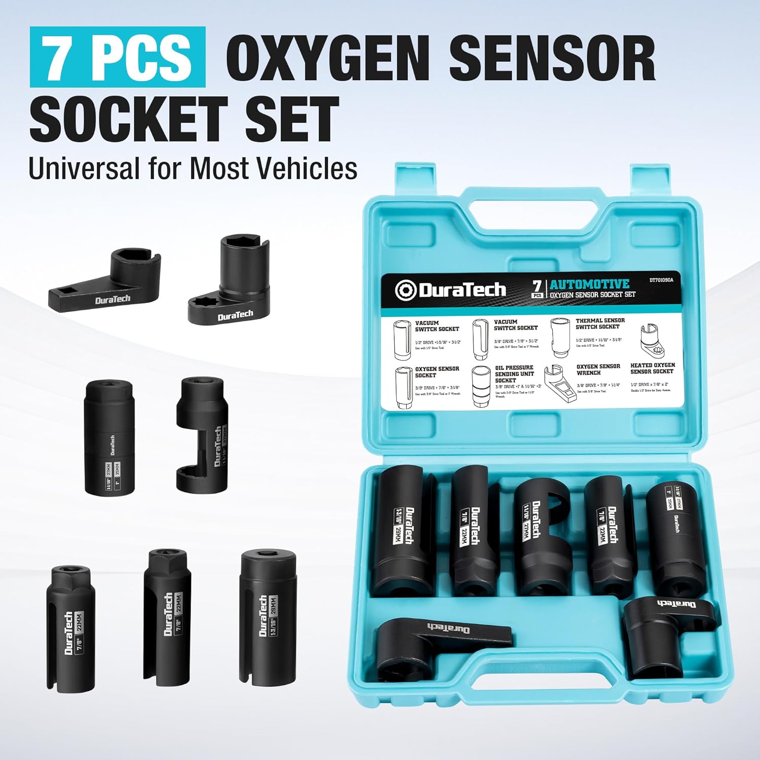 DURATECH 7PCS O2 Oxygen Sensor & Oil Pressure Socket Set, 1/2" 3/8" Drive x 22mm (7/8") 27mm 29mm Oxygen Socket Wrench, O2 Sensor Remover Removal Tool