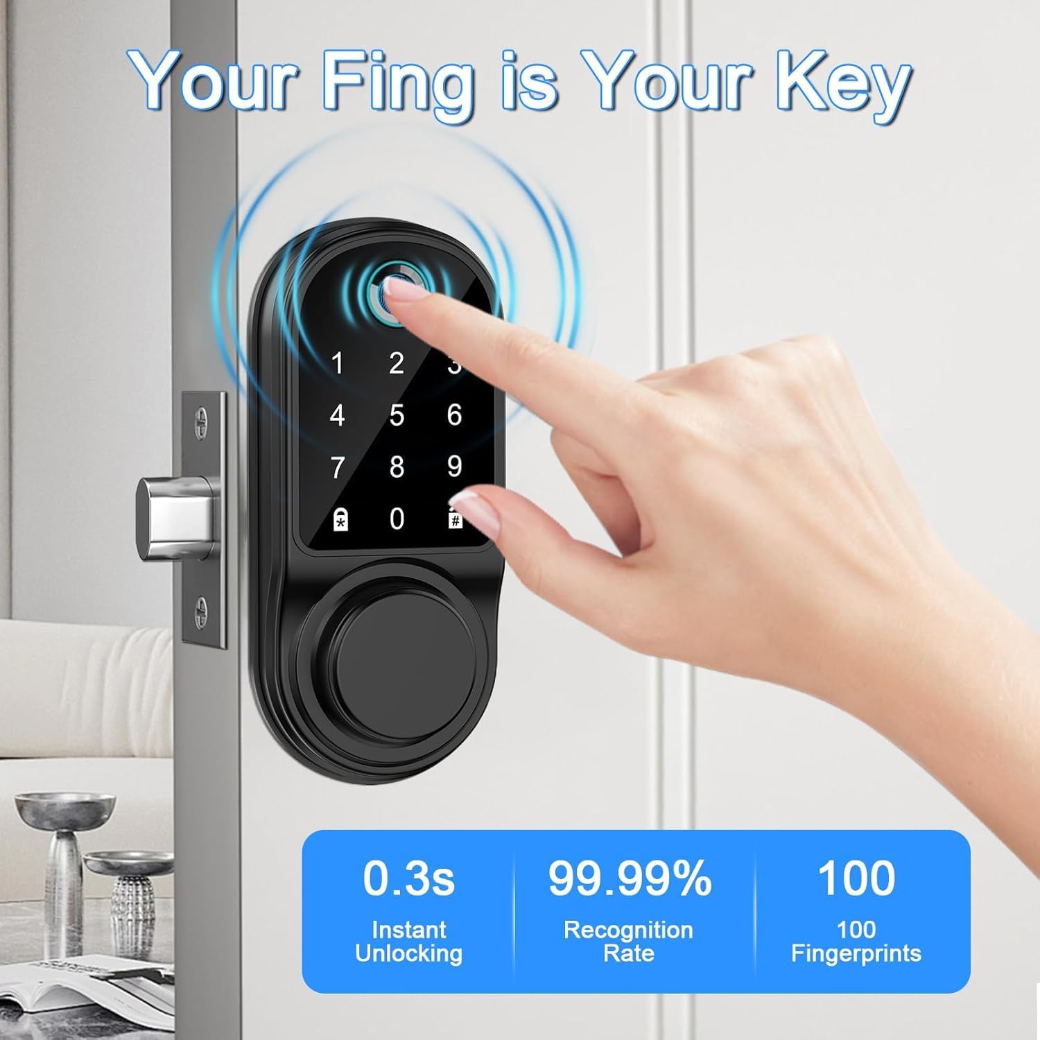 Smart Fingerprint Door Lock, Keyless Biometric Deadbolt with App Control & Auto Lock, IP66 Waterproof Digital Touchscreen Keypad, Easy Install - Home Security Solution for Front Door (Black)