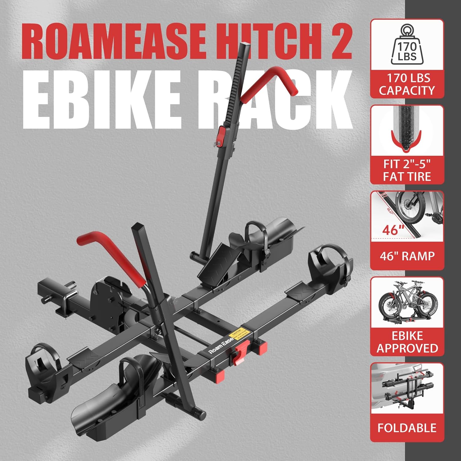 Hitch Mount Ebike Rack with Ramp, 170lbs Capacity for 2 E-Bikes, Foldable Electric Bike Carrier Up to 5-inch Fat Tire Bicycle for 2'' Receiver, Red