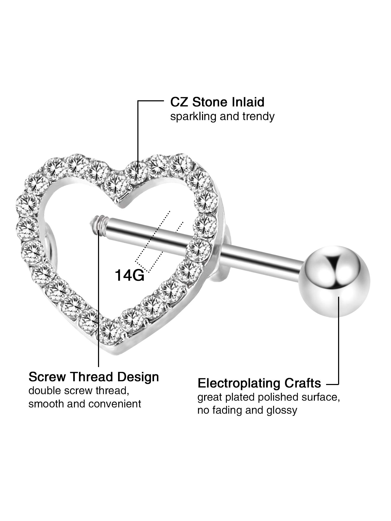 2 pares de anillos de pezón de acero inoxidable con circonita cúbica con diamantes de imitación para pezón, piercing corporal, 14 G, Acero inoxidable y diamantes de imitación 3