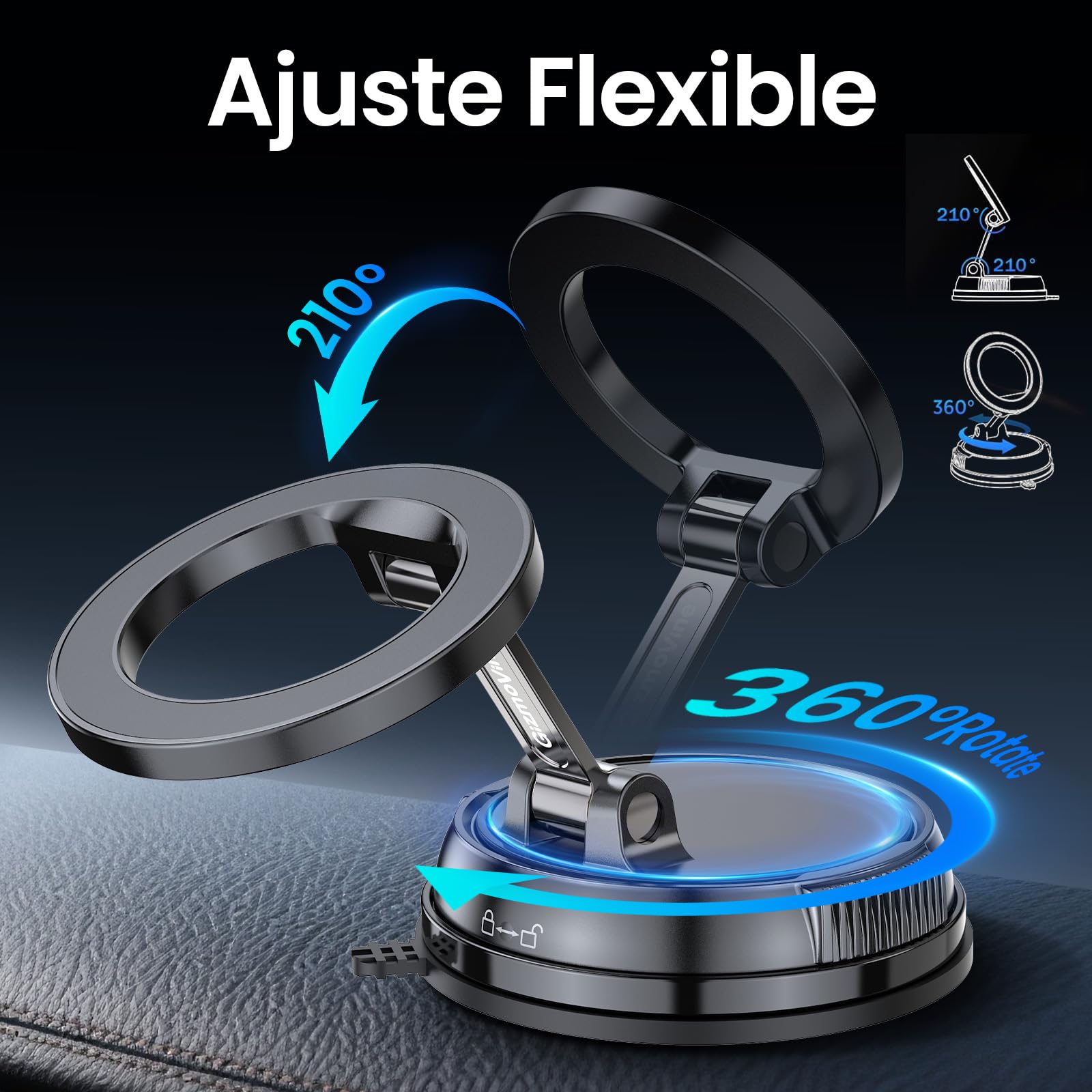 GizmoVine Soporte Móvil Coche MagSafe, 35KG Ventosa Fuerte Reutilizable, Brazo Metálico Plegable, 22X N55 Imanes, Giratorio 360° para Salpicadero/Parabrisas, iPhone 17-12 Android