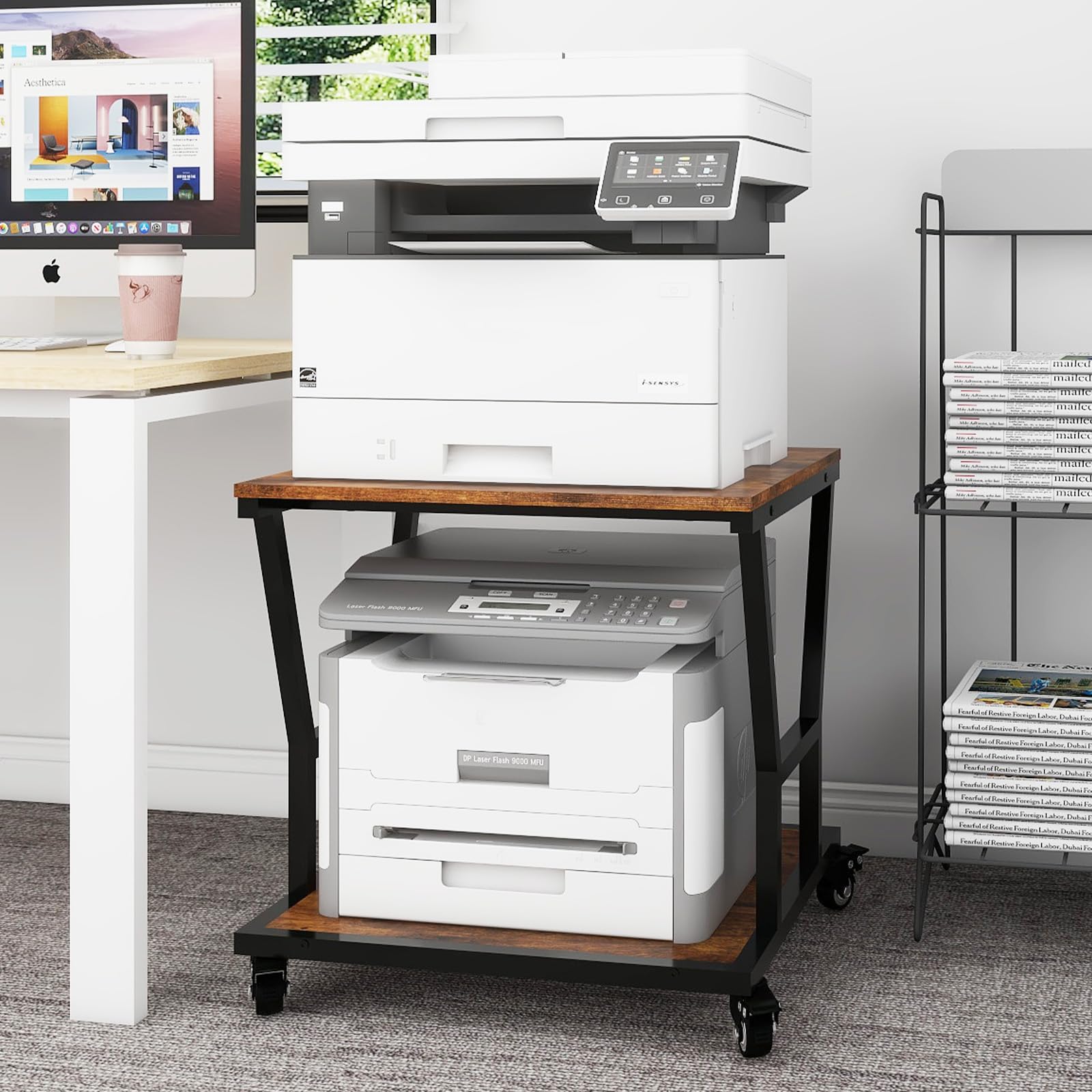 PUNCIA 2 Tier Large Printer Stand,50x50x60cm Heavy Duty Printer Table, Copier Stand, Laser Printer Cart with Paper Storage Shelf for Home Office (Retro)