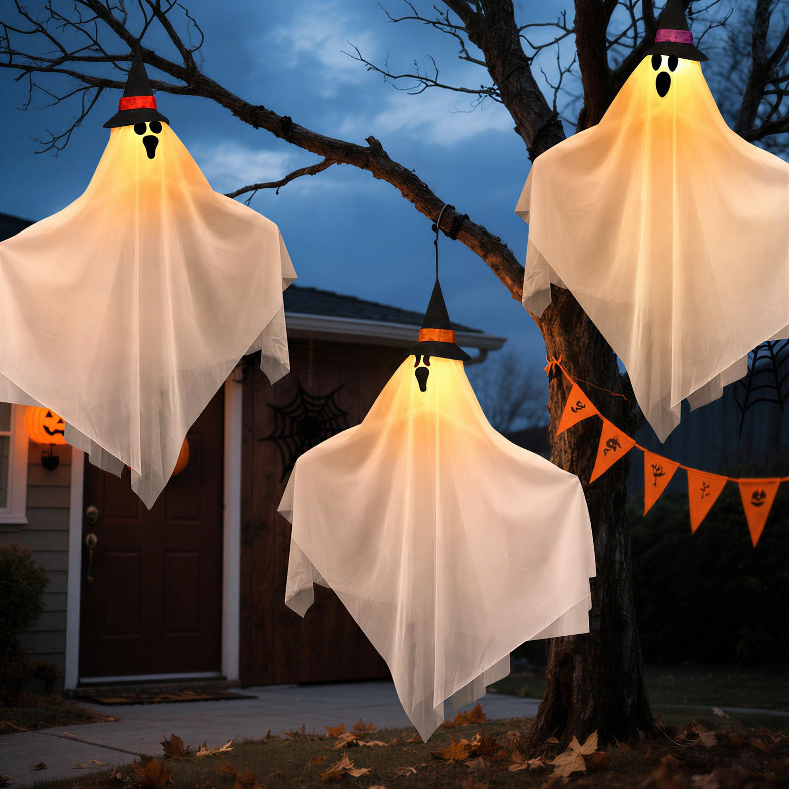 CNMTCCO Halloween Decorations Ghost Lights, 3 Pcs 80CM Hanging Glowing Flying Ghosts, Halloween Decoration for Indoor and Outdoor Use, Gardens, Terraces and Balconies (Warm Lights)