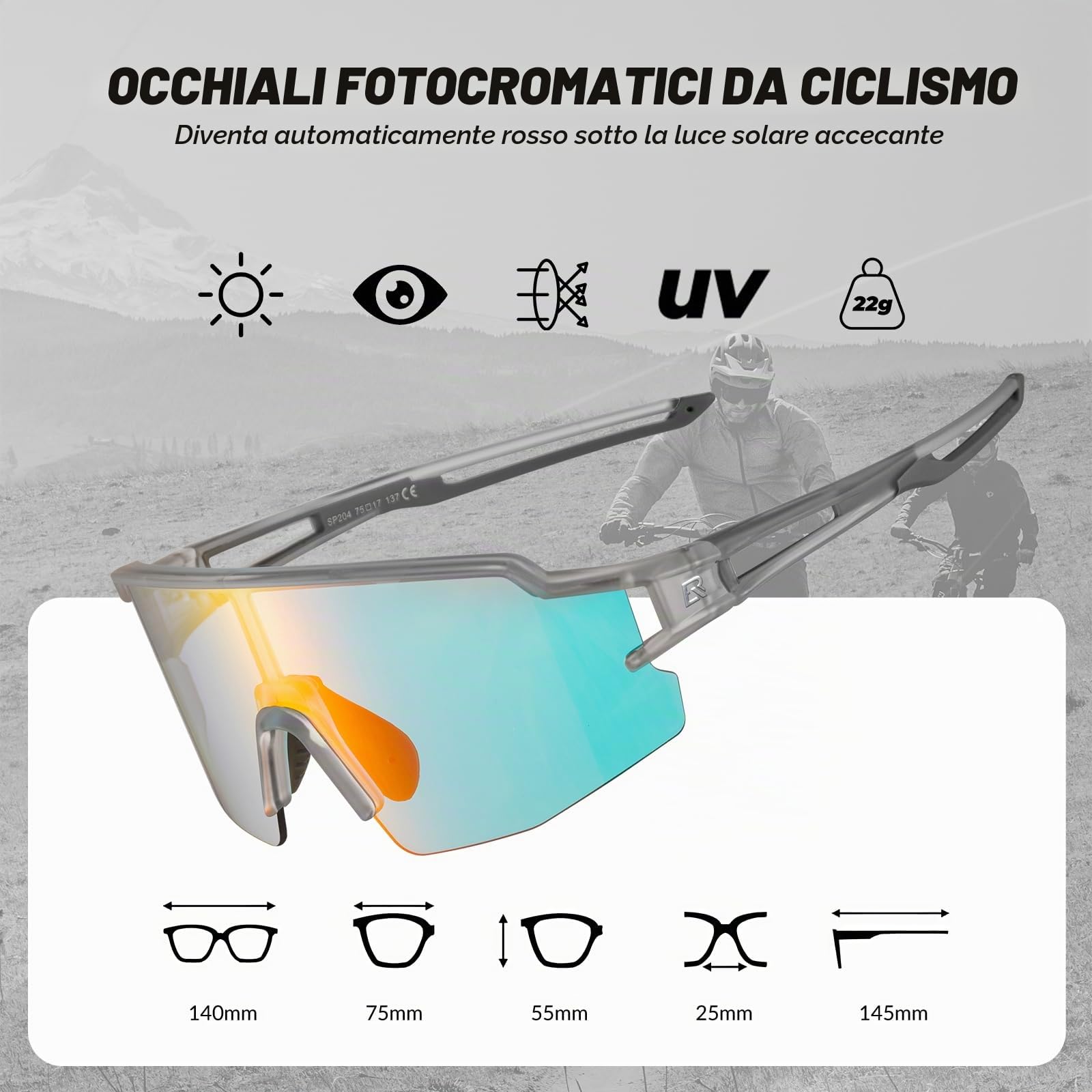 ROCKBROS Occhiali Ciclismo da Sole UV 400 Occhiali Sportivi per Bici MTB Bicicletta Uomo Donna Unisex Modello Fotocromatico