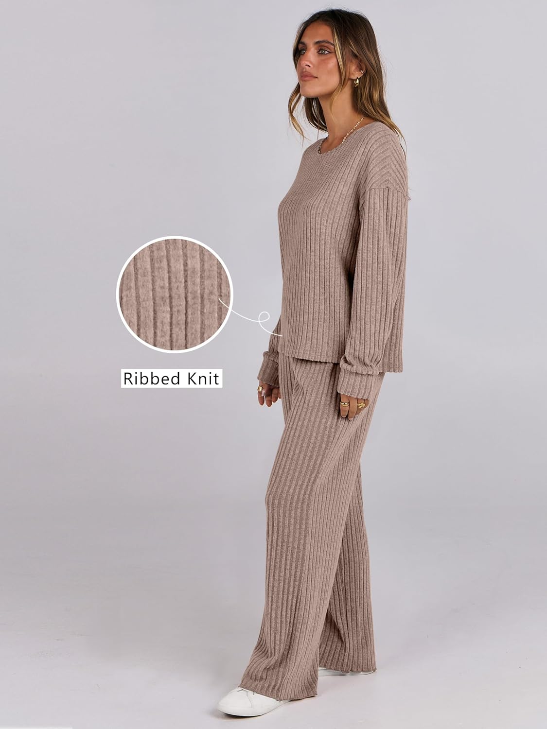 ANRABESS Women 2 Piece Lounge Pajamas Sets Casual Ribbed Knit Long Sleeve Top Pants Matching Set 2025 Fall Outfits Clothes - Image 4