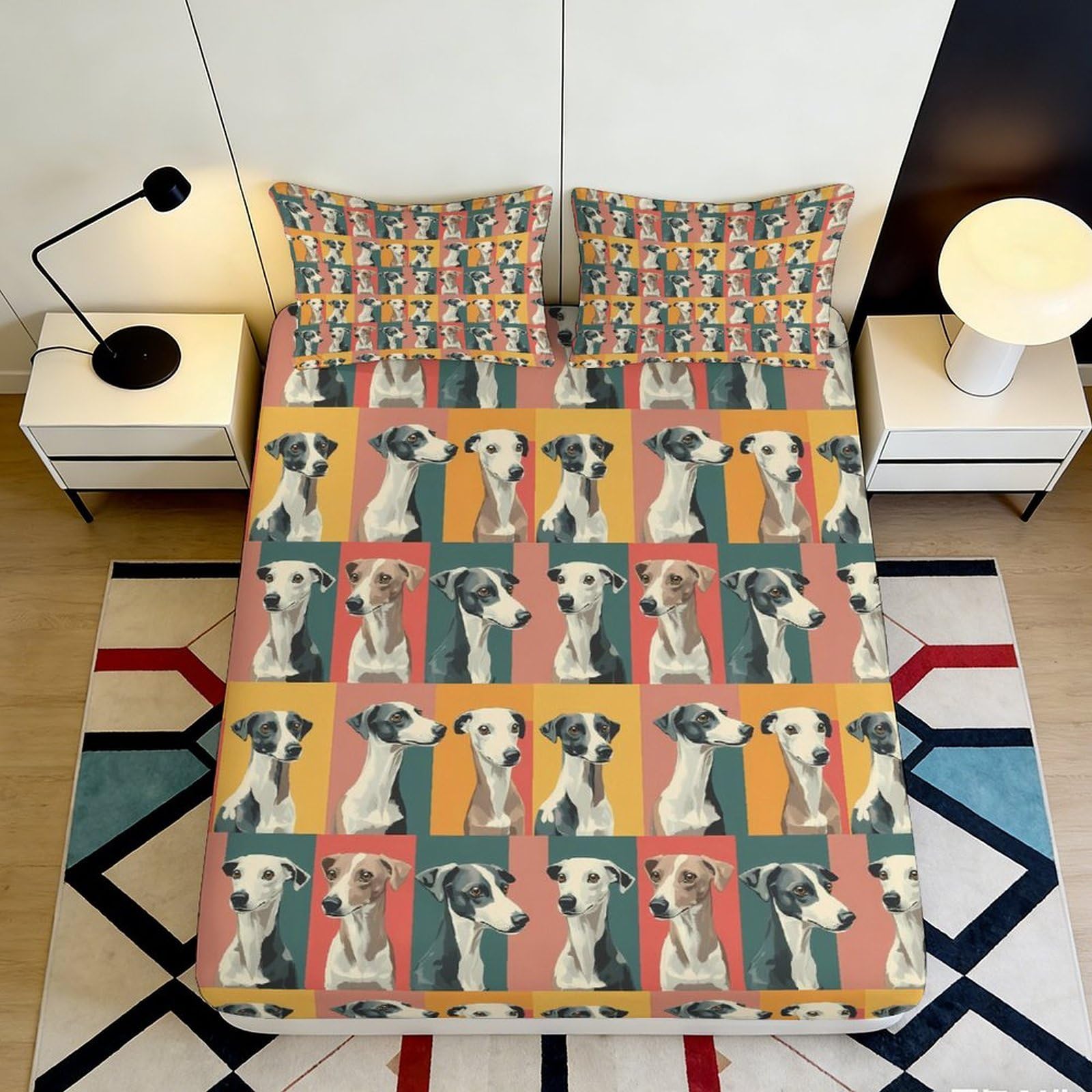 Pnayamiorkfel Style-4 3D Printed Whippet Dog Fitted Sheet Microfiber Colourful Portrait Bed Cover For Bedroom Guest Room Decor Mattress Protection 90X200x25cm