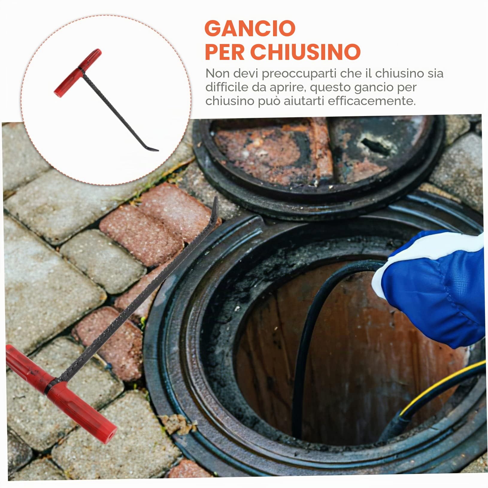Chiave Gancio a T per Tombino in Ghisa Manico Spesso in Acciaio per Sollevamento Facile e Presa Confortevole per Aprire e Sollevare Chiusini e Pozzetti