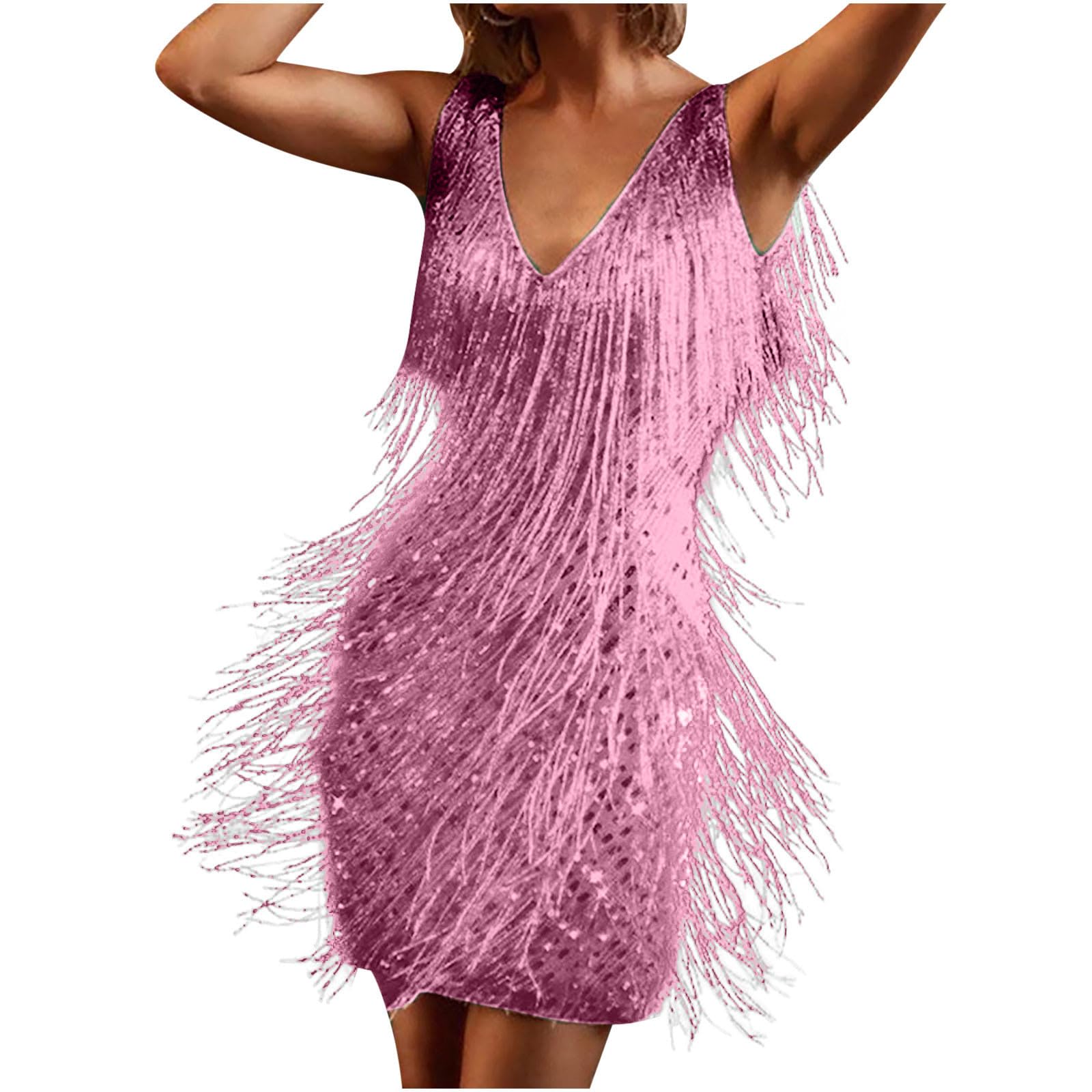 NUSGEAR 2023 Vestidos Corto Mujer Moda Lentejuelas Flecos Vestido de Noche Cóctel Vestir sin Manga Fiesta Sexy Cuello en V Color sólido Elegante Verano Slim Fit Mini Club Vestido Latino